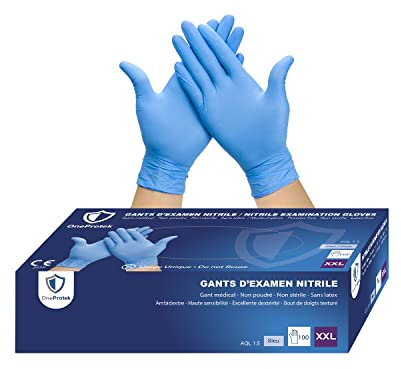 OneProtek Guanti in nitrile monouso – Confezione da 100 guanti – Taglia XXL (molto grande) – Blu – Senza lattice – Resistenti e multiuso – Protezione contro i prodotti chimici