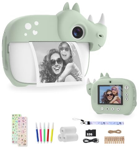 CAMCLID Kinderkamera, Sofortbildkamera Kinder 1080P mit 3 Rollen Druckpapier & 32G SD Karte, Dual-Objektiv Kamera Selfie Digitalkamera Geschenk für 3-12 Jahre Mädchen Jungen (Grün)