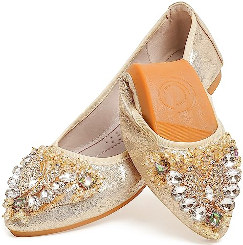 WAMBHC Gold Flats Shoes for Women Bow Rhinestone Pointed Toe Wedding Flats - Foldable Ballet Flat Slip on Flats for Women Dress Comfort - Size 12