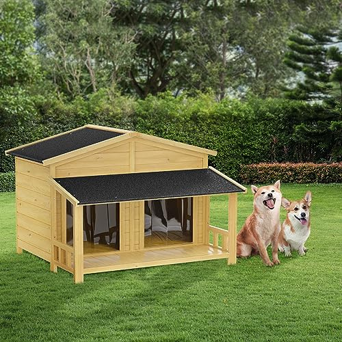 Ritsu 47.2 Dog House, Waterproof Dog Kennel, Wooden Outdoor and Indoor Dog House, Log Cabin Style with Porch,Elevated Floor, 2 Doors, Pine Wood + Natural