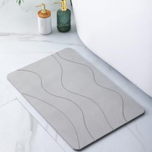 Pure 4Home - Tapis de Bain en Diatomite | Tapis en Pierre Diatomite | Absorbant, Séchage Rapide & Antidérapant | Tapis Salle de Bain & Sortie de Douche | Stone Bath Mat (Waves Gray)