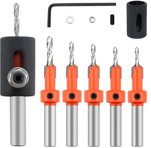 YIXISI 5 Pezzi 10mm Punte da Trapano Svasate per Falegnameria, Punte da Trapano Affusolate per Foratura del Legno, con Anello Posizionatore e Chiave Esagonale