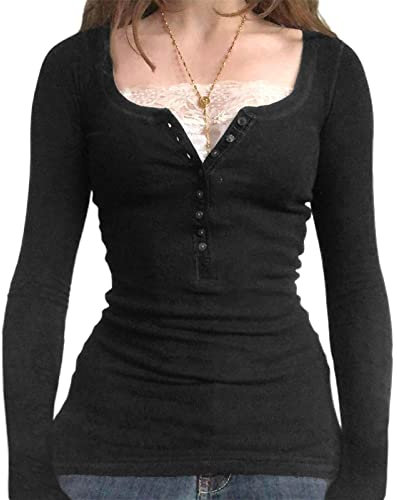 Y2K Damen-T-Shirt, langärmelig, gerippt, Henley-Top, Spitze, Patchwork, gestreift, enganliegend, Fee, Grunge, Vintage, lässig, T-Shirts für Teenager und Mädchen, 122801# Schwarz, Small