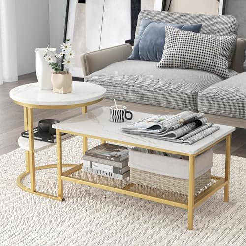 Multigot Nesting Coffee Table Set of 2, Faux Marble Cocktail Center and Round End Table with Storage Shelf & Adjustable Foot Pads, Metal Frame Accent Sofa Side Desk (Gold + White)