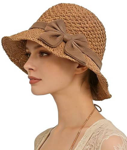 TINAYAUE Chapeau de Paille Pliable Femme Casquette de Soleil Anti-UV Capeline Dame Paille Panama Chapeau de Plage Eté pour Voyage Randonnée Peche