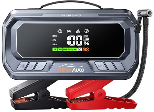 YaberAuto Avviatore Batteria Auto 8000A 26800mAh con Compressore 160PSI Uscita DC 160W, PD65W Booster Avviamento,Avviatore Emergenza per Auto (Tutto Gas/12.0L Diesel), 600 Lumens