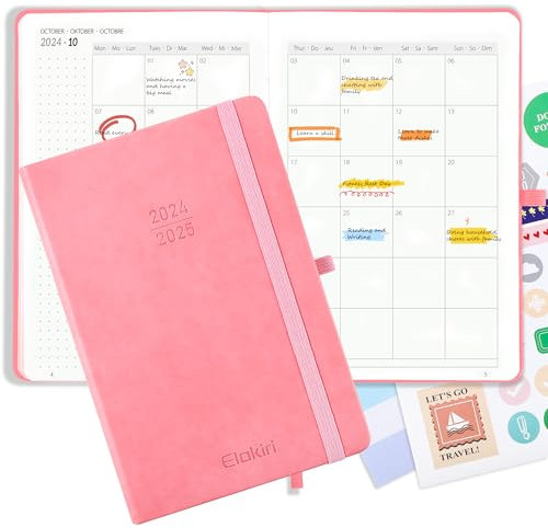 Kalender 2025 Buchkalender A5 1 Woche 2 Seiten,Terminplaner 2025 (Oct.2024-Dez.2025) mit 100 g/m² Papier,Planer 2024/2025 mit PU-Leder Hardcover Für Schulplaner,Terminkalender (Rosa)