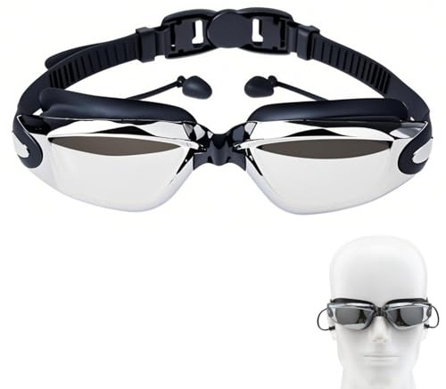 Lunettes de Natation, Polarisées Lunettes de Plongée, Swim Goggles à Verres Anti-Buée Protection UV Attached Ear Plugs, Goggles de Natation en Miroir sans Fuite pour Hommes Femmes Adult, Noir, 1 Pièce