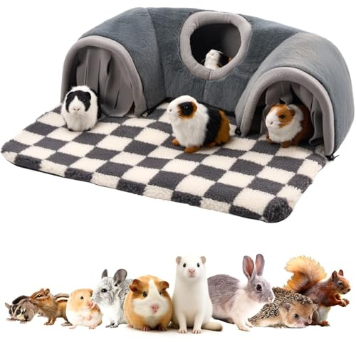 Avont Maison pour Cochon d’Inde, Lit à Cabane pour Petits Animaux, Tapis Lavable pour Lapin Nain, Nid Intérieur avec Tunnel pour Jouer, Dodo et Cachette, Grand Modèle Maison pour Rongeur -Gris