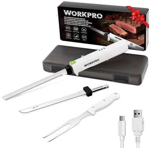 WORKPRO Coltello Elettrico Senza Fili 8V, Coltello da Pane Elettrico con 2 Lame in Acciaio Inossidabile e Forchetta, Lavabile in Lavastoviglie, Perfetto per Tagliare Carne, Pane e Altro, Bianco