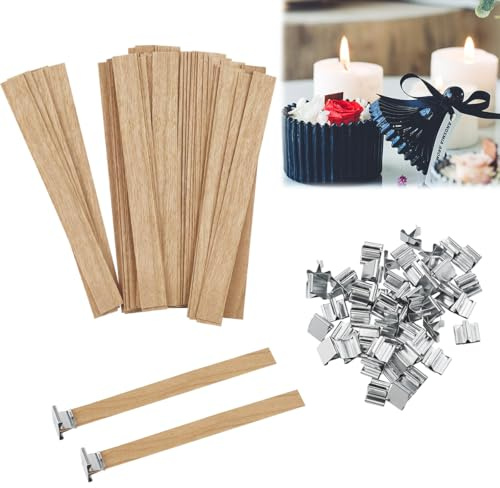 LIAVOP 100 PCS de Madera para Velas + 100 Soportes de Hierro,Madera para la producción de Velas,Adecuado para Bricolaje y fabricación de Velas,13 x 130mm Respetuoso con el Medio Ambiente y Natural
