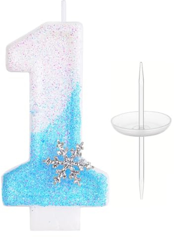 Lonwiner Födelsedagsljus siffror, D blå vit frost med snöflinga födelsedagsljus frost födelsedagsdekoration år flerfärgad kreativ sifferljus set (1)