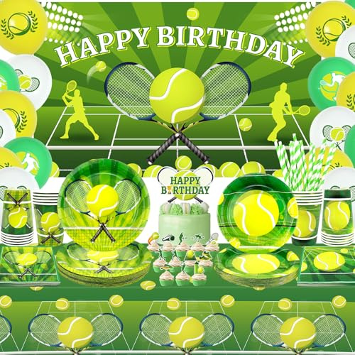 Obussgar Decorazioni per feste di compleanno tennis, accessori per feste di tennis, tra cui decorazioni per torte, piatti, decorazioni per torte, bicchieri, tovaglioli, palloncini, tovaglie, per 20