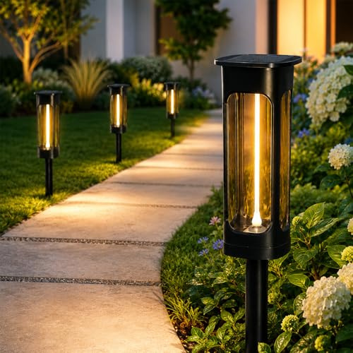 4 X Lámparas solares para jardín exterior, 10–12 horas, con tira LED de luz blanca cálida brillante, impermeables IP65. Luces solares de jardín para decoración de terrazas, césped y caminos exteriores