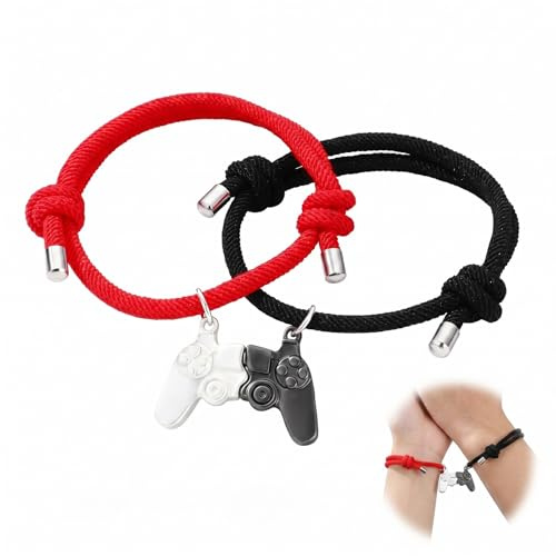 BLPRKOT 2 Piezas Pulseras Magnéticas para Parejas y Amistad, Pulseras de Atracción Mutua Tejidas a Mano, Regalo para Novios y Mejores Amigas, Ajustable 20cm, Rojo y Negro