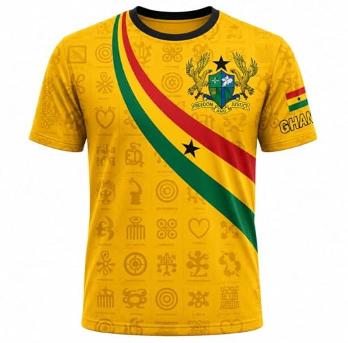 Ghana Yellow Adinkra Jersey, Black Star Football Fan Traditional African Print T-Shirt with National Coat of Arms and Flag Design