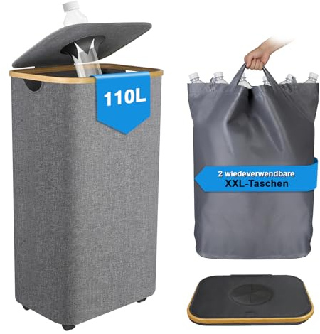 Sampoes Collecteur de Bouteilles 110L, Poubelle de Recyclage avec Couvercle et 2 Sacs, Poubelle Tri Selectif pour Plastique Bouteilles Verre, Pliable Poubelle Cuisine Rangement, Gris