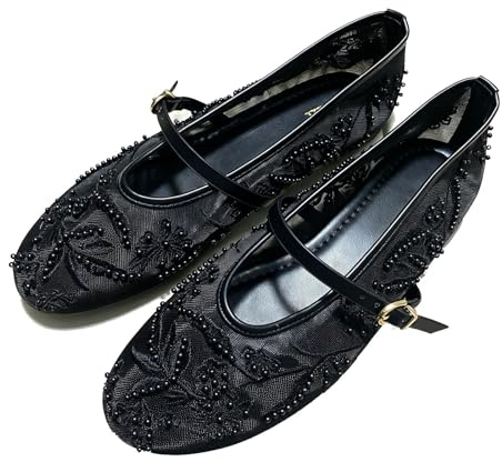Zapatos planos de ballet bordados casuales y elegantes para mujer, con cuentas y perlas, correa de hebilla de malla, estilo Mary Jane, encaje floral, anchos, zapatos de bailarina, Black, 36 EU