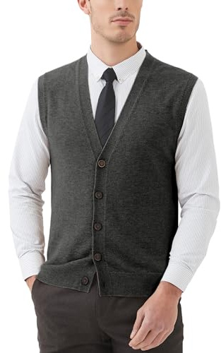 Kallspin Men's Sweater Vest Wool Blend V-Neck Button Sleeveless Cardigan Vest Sweater (Charcoal, X-Large)