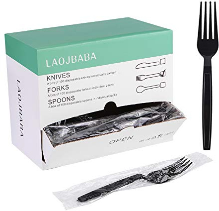 Laojbaba Plastic Fork Disposable Individually Packaged Forks Black 7-Inch Commercial Take Away Forks,Super Hard Mass Heavy Individually Wrapped Fork 100 PCS
