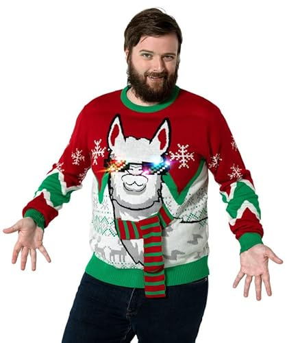 Pull de Noël Laid, LED Sweat à Tricoté Drôle de Noël pour Hommes avec Un Renne Elfe Lama et Un Arbre de Noël, Sweat-Shirt Festif Unisexe pour Noël Season's Shake Off M