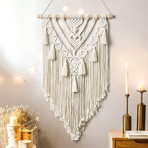 Dremisland Tapiz Tejido de macramé para Colgar en la Pared, Bohemio, geométrico, Color Beige y Gris, algodón Hecho a Mano, decoración artística Bohemia con borlas, Adorno para Dormitorio, Sala de