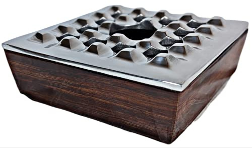Ashtray with Lid for Cigar, Metallic Wood Design, Windproof Ashtrays for Home Office Tabletop Outside Patio Outdoor Balcony (7.0x7.0x2.5) (Silver)