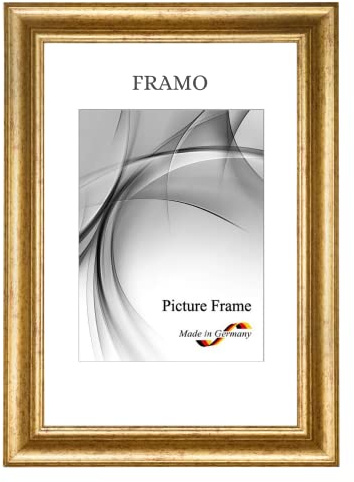 FRAMO N°50 Marco de fotos barroco de madera maciza, 50 x 110 cm, color dorado antiguo, marco de madera antiguo, incluye cristal sintético antirreflectante irrompible y ganchos de metal