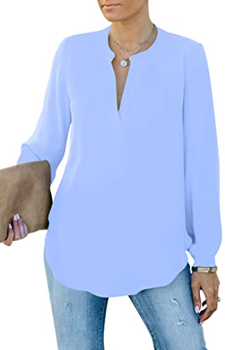 Homlan Blusa Elegante para Mujer, Cuello en V, Manga Larga, Informal, túnica, Camiseta de Manga Larga, Monocolor, Suelta, Azul Claro, M