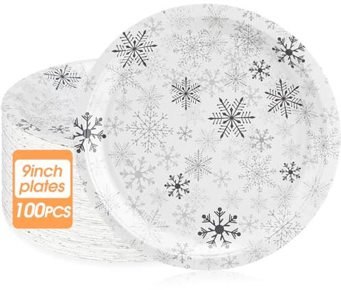 Uiifan 100 Pcs Winter Paper Plates 9 Inch Sliver Snowflake Dinner Plates Disposable Holiday Dessert Party Plate Dinnerware for Wonderland Decorations Baby Shower Birthday Party Supplies Wedding