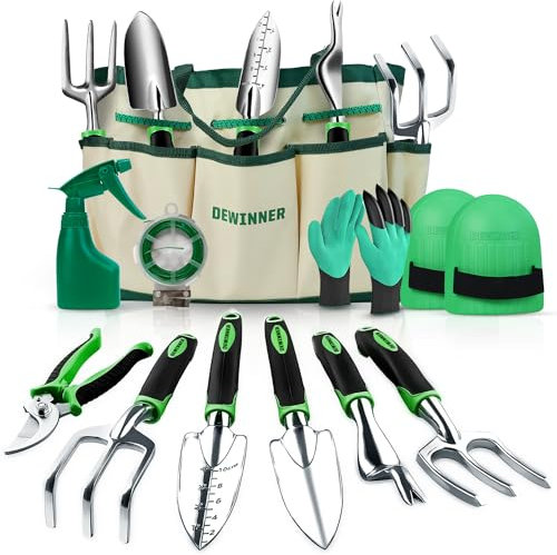DEWINNER 11 PCS Garden Tools Set, Gardening Sets with Tool Bag, Heavy Duty Garden Hand Tools and Equipment, Stainless Steel Gardening Gifts for Women men