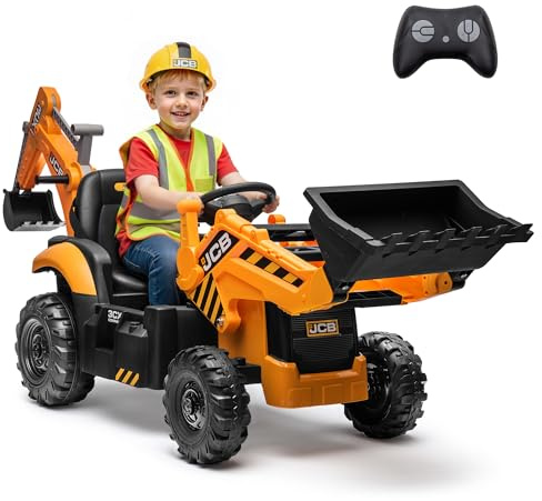 24V JCB Ride On Excavator for Kids, 3-in-1 Ride On Backhoe Digger with Front Loader & Rear Arm, Remote Control, Slow Start/Stop, Adjustable Speeds, Electric Construction Vehicle Toy for Ages 3–8