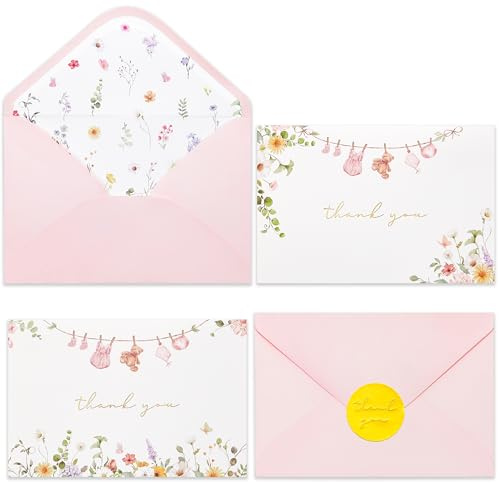 Crisky Baby Shower Thank You Cards with Envelopes & Stickers, 50 Pack Pink Gold Baby Thank You Greeting Cards Bulk for Girl, Watercolor Delicate Wildflower Design