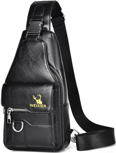Hjkiopc Sling Tasche für Herren,Leder Brusttasche,Wasserdichte Schultertaschen,Lässige leichte Tasche,Handy,Crossbody Tasche für Wandern,Radfahren,Camping (Schwarz)