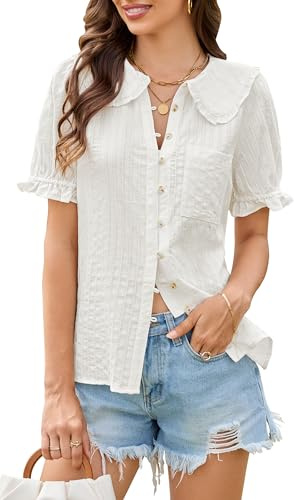 ECOWISH Women's Button Up Shirt - Peter Pan Collar Frilled Short Sleeve Summer Tops Casual Cotton Retro Floral Blouse White X-Large