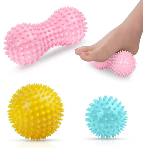 URAQT Massagebälle Faszienball, 3er Set Igelball Set, Spiked Massage Ball Hart, Massagebälle mit Noppen,für Rücken Beine Füße Hände(Pink-Gelb-Blau)