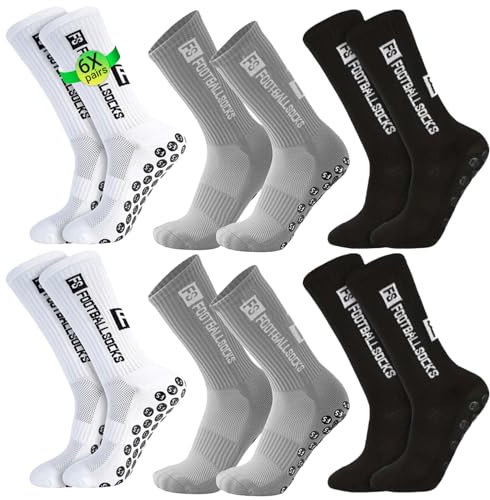 YnewL Fußball Socken, 6 Paare Sport socken 39-46 Anti Rutsch Grip Fussball Socken Rutschfeste Fußballsocken für Herren Damen Fussball Basketball Laufen Radfahren(Weiß, Schwarz, Grau)