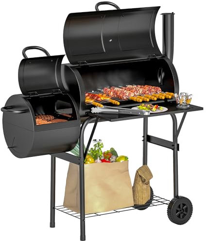 Outsunny parrilla de carbón de acero BBQ ahumador con tapa termómetro ruedas estante carro de barbacoa móvil con bandeja de carbón de suministro de aire, parrilla de carbón de leña carro de barbacoa