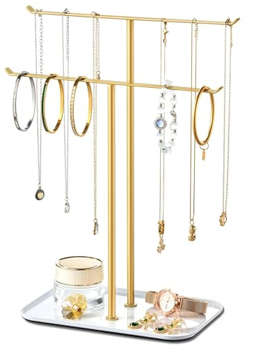 pickpiff Organizador de joyas, soporte para collares, 2 niveles con barra en T, árbol de exhibición de joyas con bandeja para almacenamiento de collares, pulseras, aretes, tocador, tocador, lavabo de