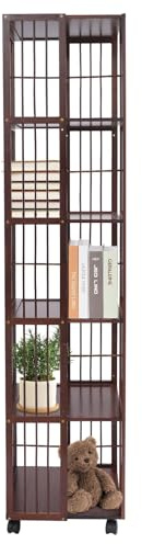 RjcdOPL Bibliothèque Rotative en Bambou avec roulettes, Étagère Livres Mobile à 6 Niveaux, 100 kg Capacité, L37 x P37 x H162cm, pour Livres, Albums, Plantes, Décorations (Brun Foncé)
