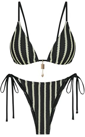 ZAFUL Black Bathing Suits Crochet Bikini Sets for Women Cheeky Two Piece Bathing Suits Striped Brazilian High Cut Knit Swimsuit Tie Side for Vacation