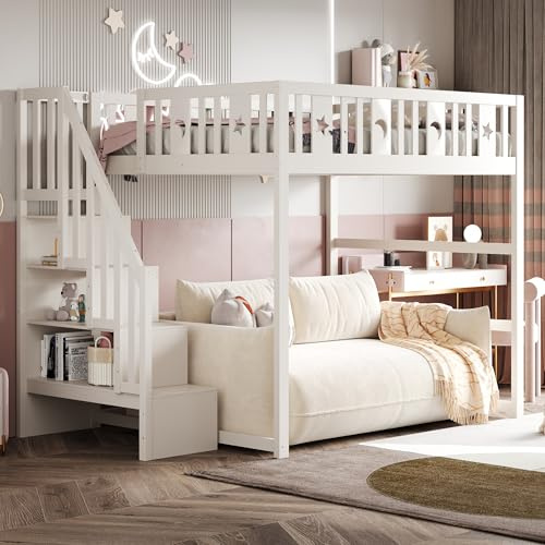 Dolamaní Cama individual alta de 140 x 200 cm con escalera de seguridad, cama de madera con somier de láminas de madera, cuna con protección anticaídas, para niñas y niños, sin colchón (blanco)