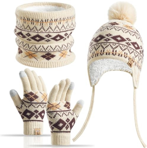 Yaopelky Juego de 3 piezas de invierno para niños con forro polar y gorra, polaina para el cuello, guantes para 3-8 años con pompón, cálidos, pantalla táctil, nieve, escuela, uso al aire libre