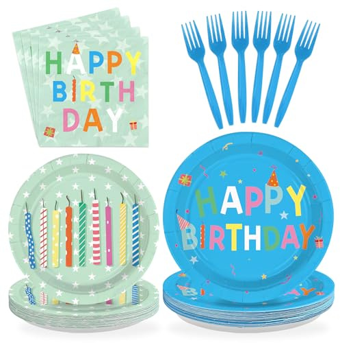 96Pcs Happy Birthday Party Supplies Colorful Candles Birthday Paper Plates and Napkins Disposable Blue and Mint Green Tableware Set for Kids Adult Birthdays Holiday Party Decorations Serves 24