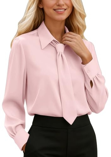 BIBOKAOKE Chemisier pour femme - Haut business simple - Chemisier en satin élégant - Chemise à manches longues avec cravate - Décontracté - Chemisiers de bureau amples - Chemises décontractées à