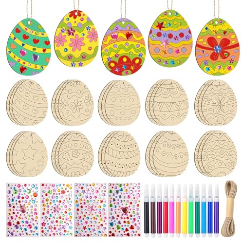 HGRGHH 30 Pezzi Pendente Pasquale in Legno, Uova di Pasqua Decorazioni Pasquali da Appendere, Lavoretti Pasqua Bambini, Uova di Legno da Decorare, Artigianato Pasquale Fai da Te Per Feste Festival