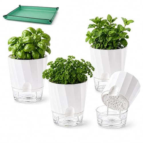 Feung gou Set med 4 självvattnande blomkrukor – 15,3 cm dubbelväggiga blomkrukor av högkvalitativ polypropylenplast för inomhusbruk, balkong, kök, fönsterbräda, med matta