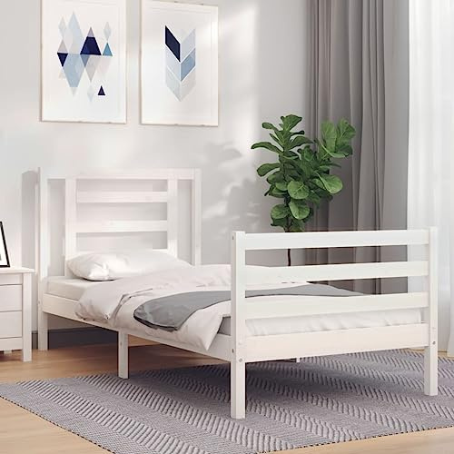 Frdhee Letto a pallet, letto per camera da letto, camera degli ospiti, letto in legno massello con testiera bianca