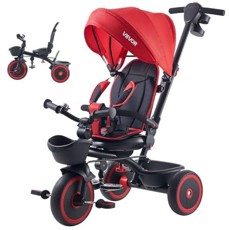 VEVOR Triciclos para Niños de 1 a 5 Años, Triciclo Infantil con Manillar de Empuje para Padres, Capota, Asiento Ajustable, Espacio de Almacenamiento, Cuadro de Acero al Carbono, Rosa y Negro