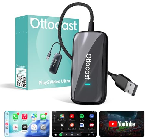 OTTOCAST Play2Video Ultra, 3-en-1 Boîtier AI pour Netflix/Youtube/Prime Video, Adaptateur CarPlay sans Fil & Android Auto avec clé USB, Wi-FI Dual Band, Bluetooth 5.4, 4Go+32Go, Plug & Play